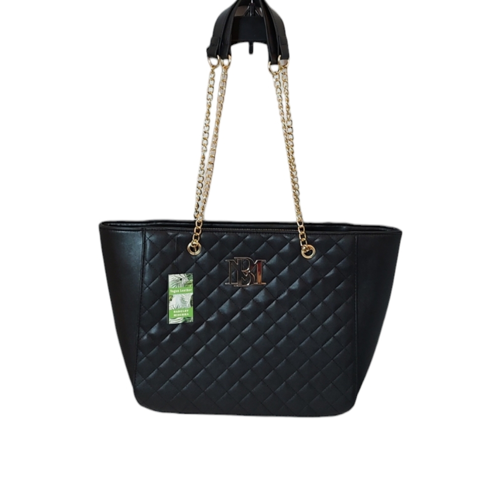 New Badgley Mischka Quilted Vegan Leather Gold Chain Strap Black Bag /Tote